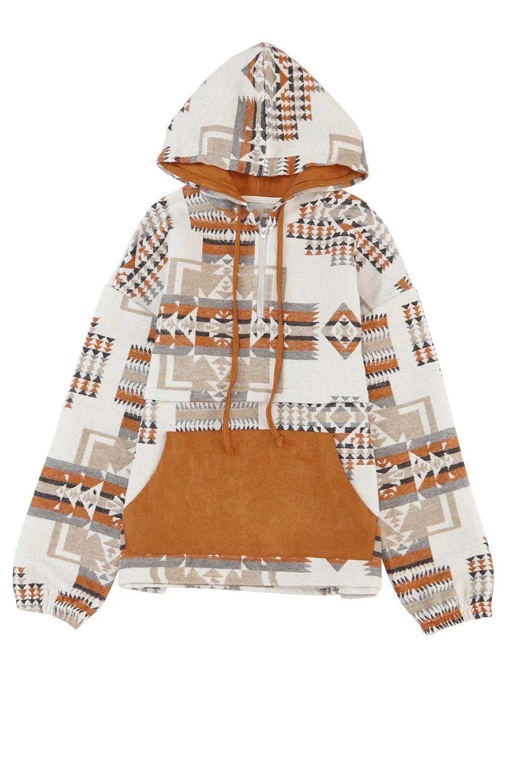 Beige Aztec Print Kangaroo Pocket Half-Zip Hoodie - Chic Meadow Boutique 