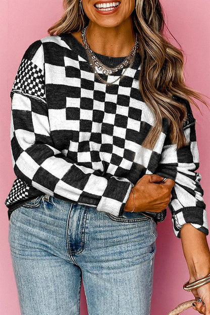 Black Checkered Print Drop Shoulder Round Neck Sweater - Chic Meadow Boutique 