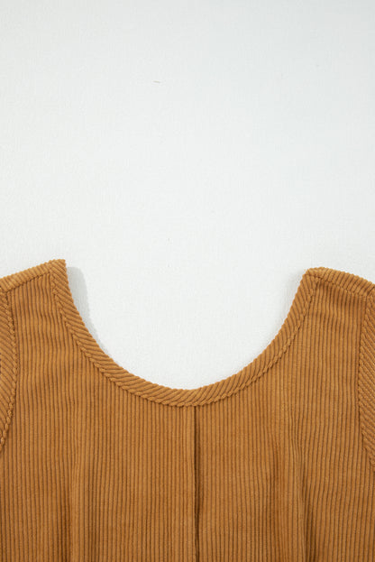 Beige Corduroy Sleeveless Mini Dress With Patched Pockets