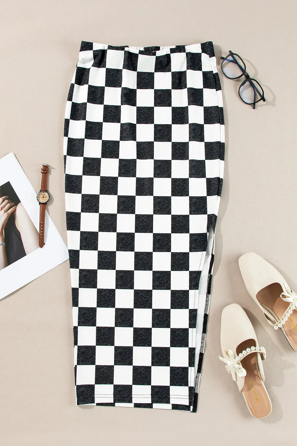 White Checkered Print Side Slit High Waist Midi Skirt - Chic Meadow Boutique 