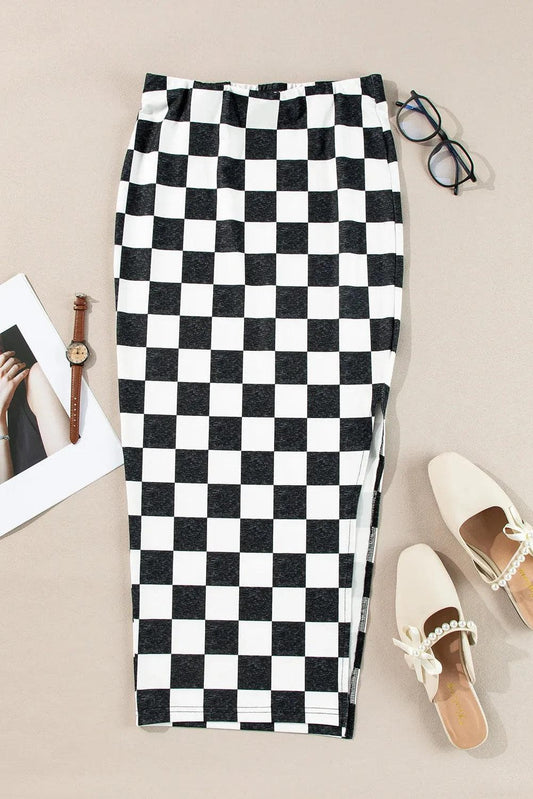 Bottoms/Skirts & Petticoat White Checkered Print Side Slit High Waist Midi Skirt