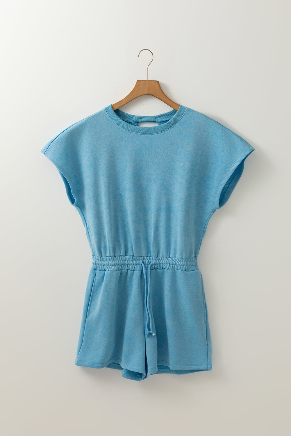 Mist Blue Mineral Wash Drawstring Waist Hollow Out Back Short Sleeve Romper