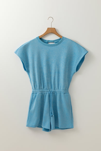 Mist Blue Mineral Wash Drawstring Waist Hollow Out Back Short Sleeve Romper