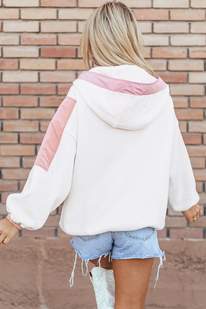 White Colorblock Patchwork Half Zip Oversized Sherpa Hoodie - Chic Meadow Boutique 