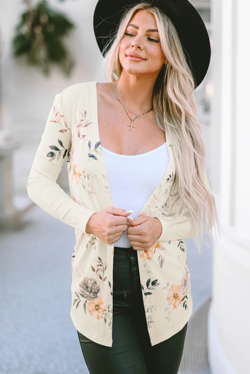 Apricot Floral Print Ribbed Knit Slim Fit Cardigan - Chic Meadow Boutique 