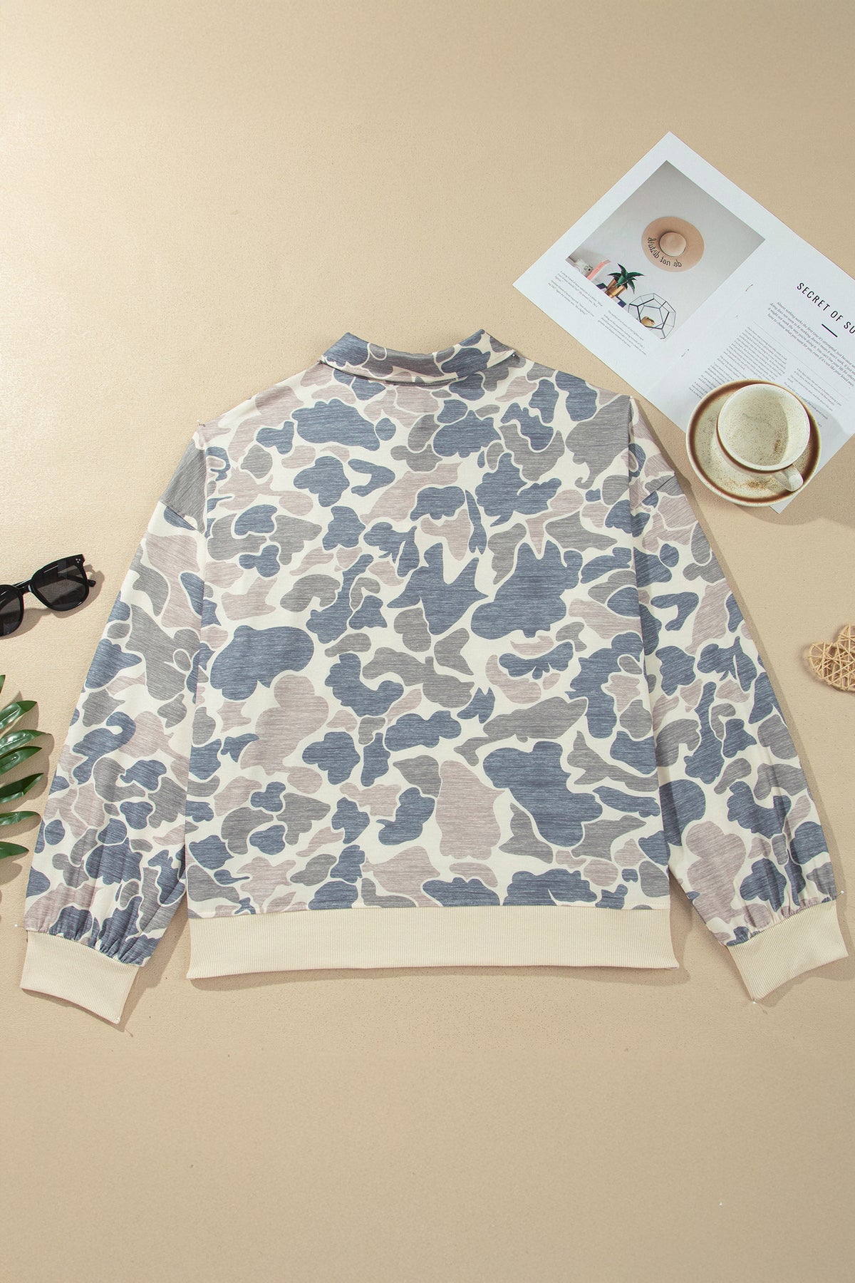 Multicolour Casual Camo V-Neck Buttoned Plus Size Sweatshirt