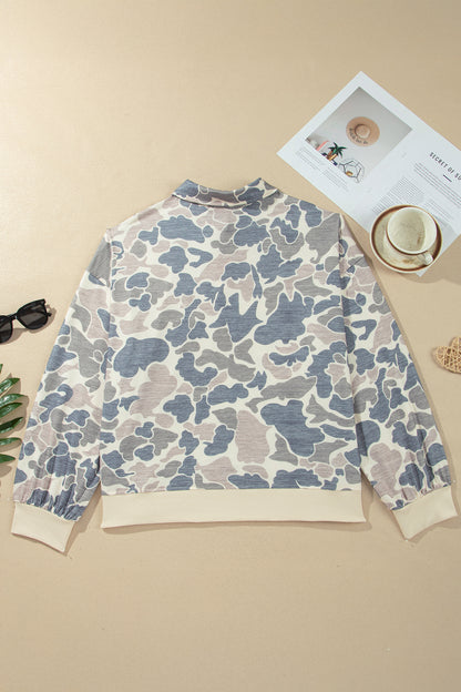 Multicolour Casual Camo V-Neck Buttoned Plus Size Sweatshirt