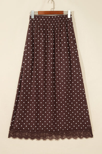 Brown Polka Dot Lace Hem Elegant Long Shift Skirt