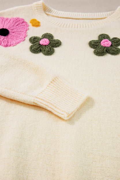 Beige Knitted Flower Pattern Ribbed Edge Sweater - Chic Meadow Boutique 