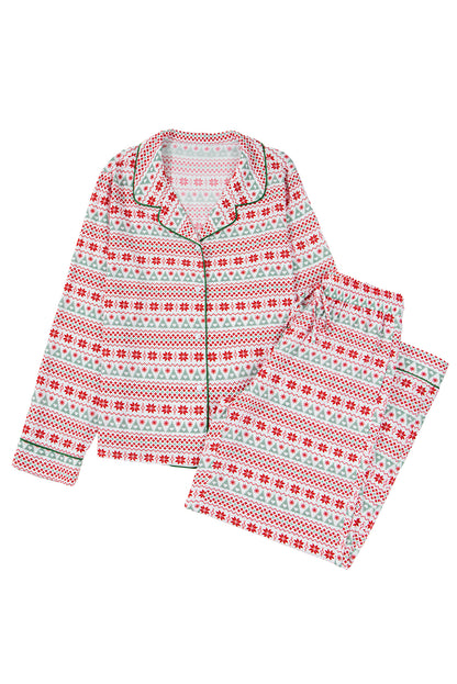 White Christmas Pattern Print Shirt Style Long 2pcs Pajama Set