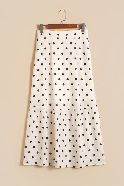 White Polka Dot Ruffled Slit Maxi Skirt