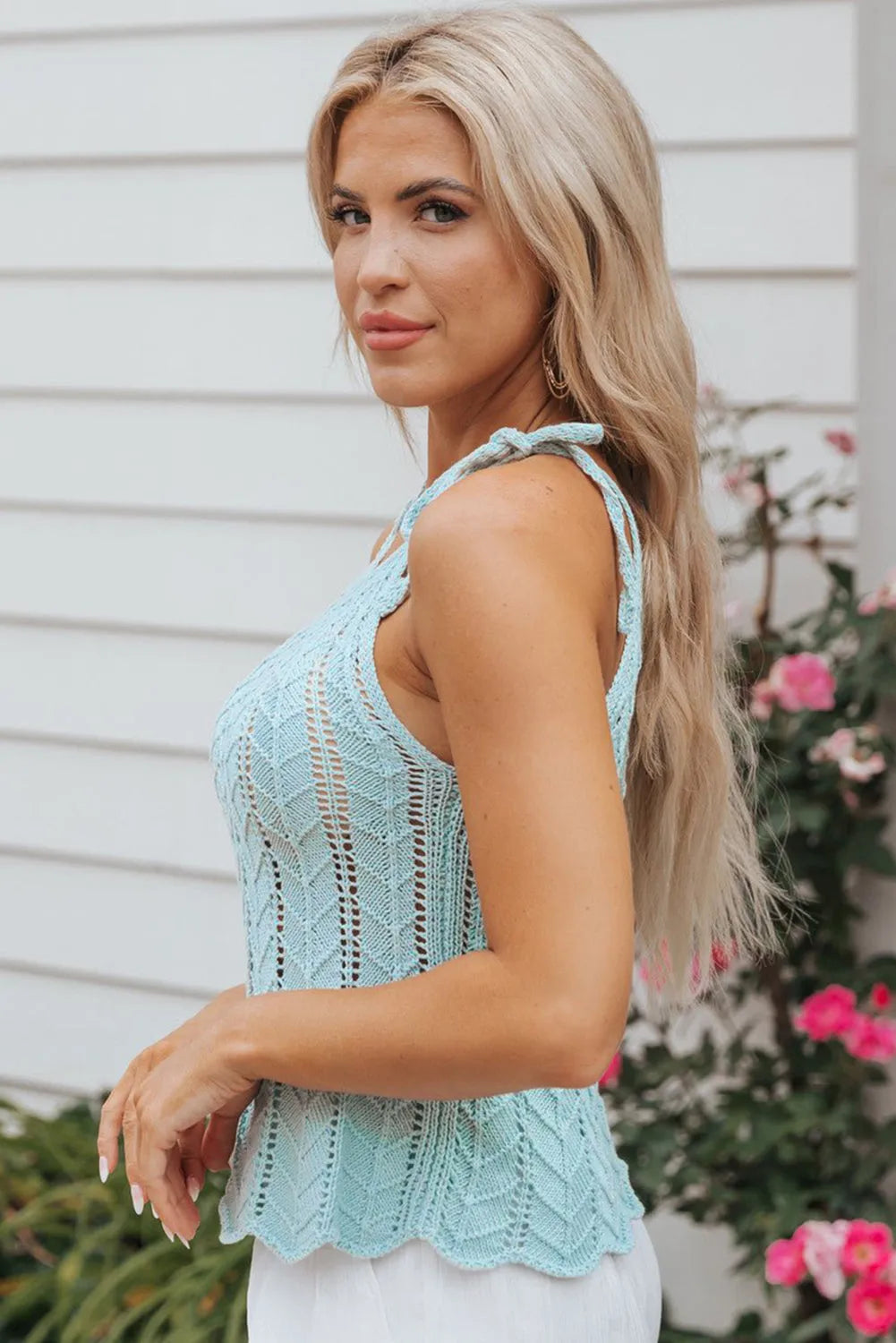 Beau Blue Tied Shoulder Pointelle Knit Tank Top - Chic Meadow Boutique 