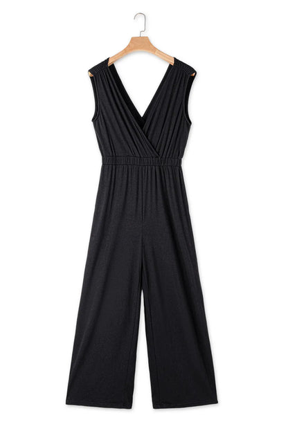 Black Deep V Pleated Crisscross Wide Leg Backless Jumpsuit - Chic Meadow Boutique 