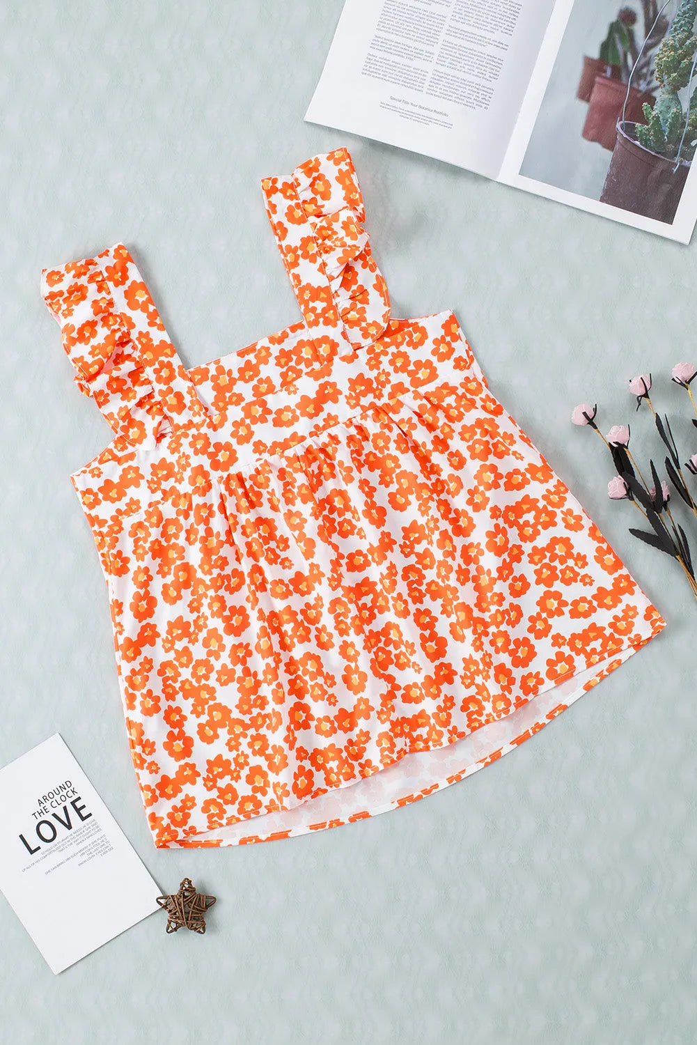 Tops/Tank Tops Orange Floral Print Square Neck Ruffle Tank Top