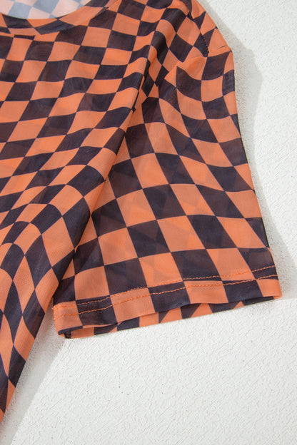 Orange Checkered Print Crew Neck Mesh T Shirt
