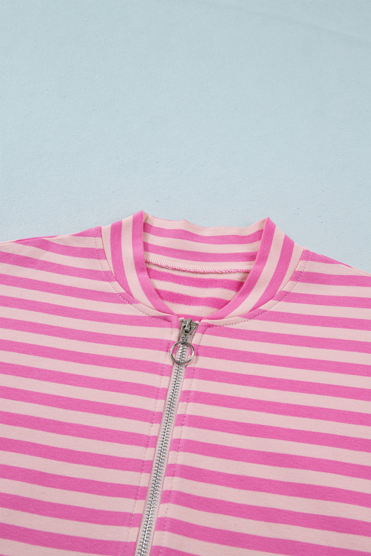 Pink Stripe Zip-up Puff Sleeve Zip Jacket Sweatshirt