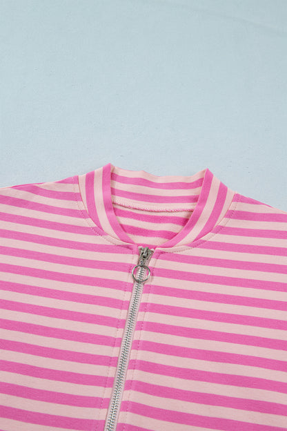 Pink Stripe Zip-up Puff Sleeve Zip Jacket Sweatshirt