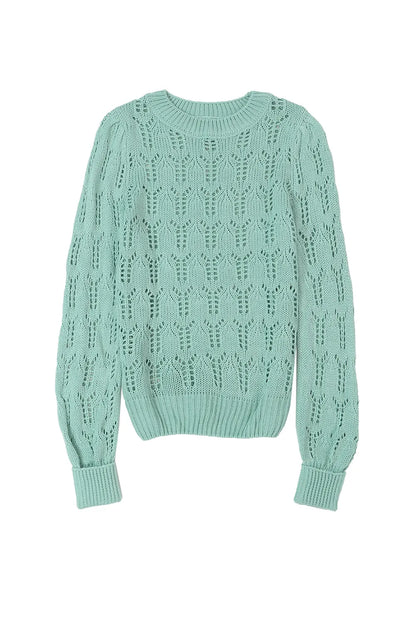 Green Sheer Knitted Pointelle Sweater - Chic Meadow Boutique 