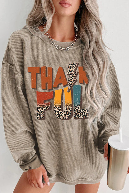 Khaki Leopard THANKFUL Graphic Corded Thanksgiving Sweatshirt - Chic Meadow Boutique 