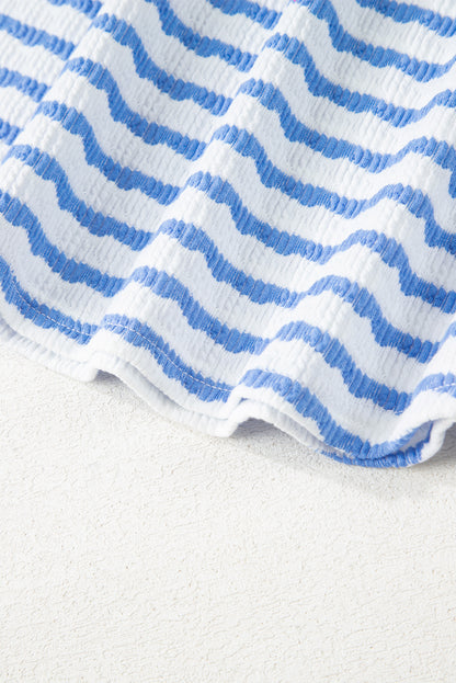 Sky Blue Stripe Knitted Short Sleeve Top and Drawstring Shorts Set