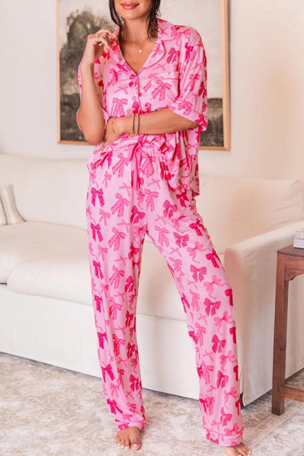 Loungewear & Sleepwear/Sleepwear Pink / S / 95%Polyester+5%Elastane Pink Bow Knot Print Lapel Collar Short Sleeve and Pants Pajamas Set