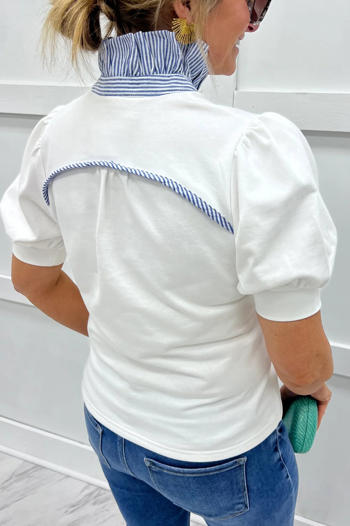 White Striped Frilled Collar Short Sleeve Blouse