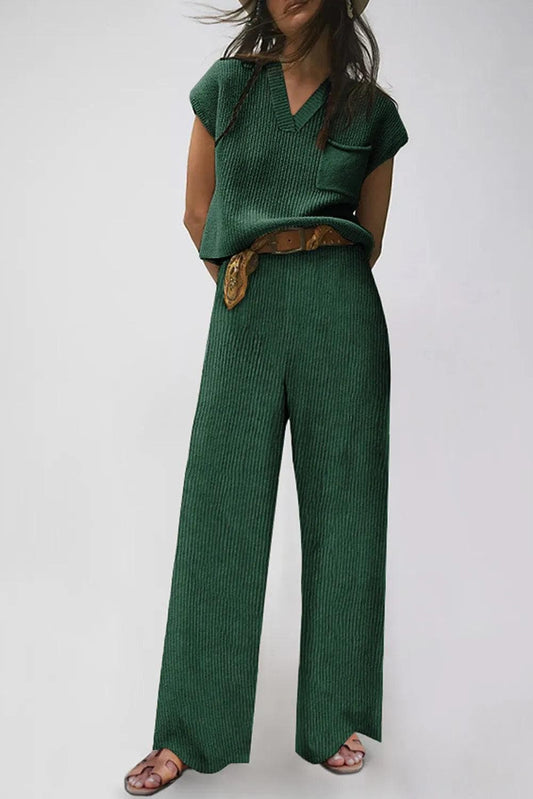 Two Piece Sets/Pant Sets Green / S / 60%Cotton+40%Acrylic Green Knitted V Neck Sweater and Casual Pants Set