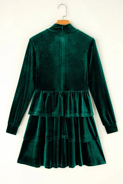 Evergreen Velvet High Neck Tiered Ruffle Mini Dress - Chic Meadow Boutique 