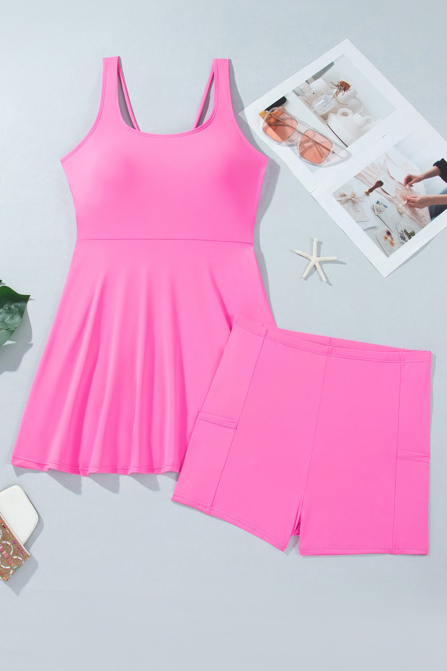 Bright Pink Twisted Strappy Back Active Mini Dress with Shorts