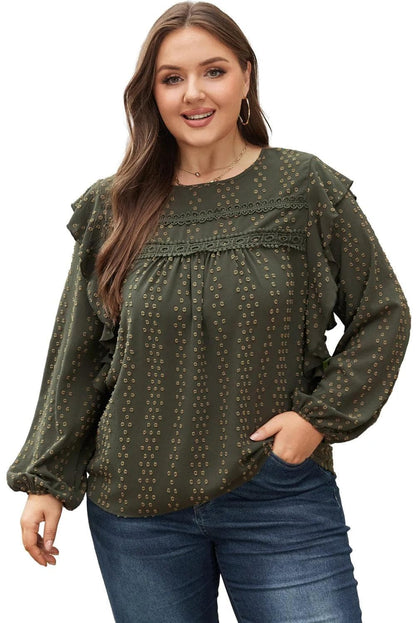 Plus Size/Plus Size Tops/Plus Size Blouses & Shirts Mist Green Plus Lace Swiss Dot Ruffle Long Sleeve Top