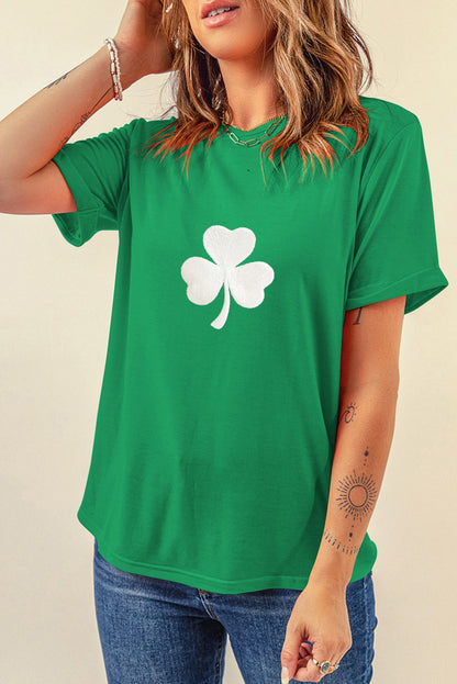 Bright Green Embroidered Clover Pattern St Patrick Tee