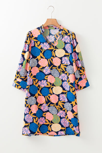 Navy Blue Hydrangea Floral Print Bishop Sleeve V Neck Shift Dress