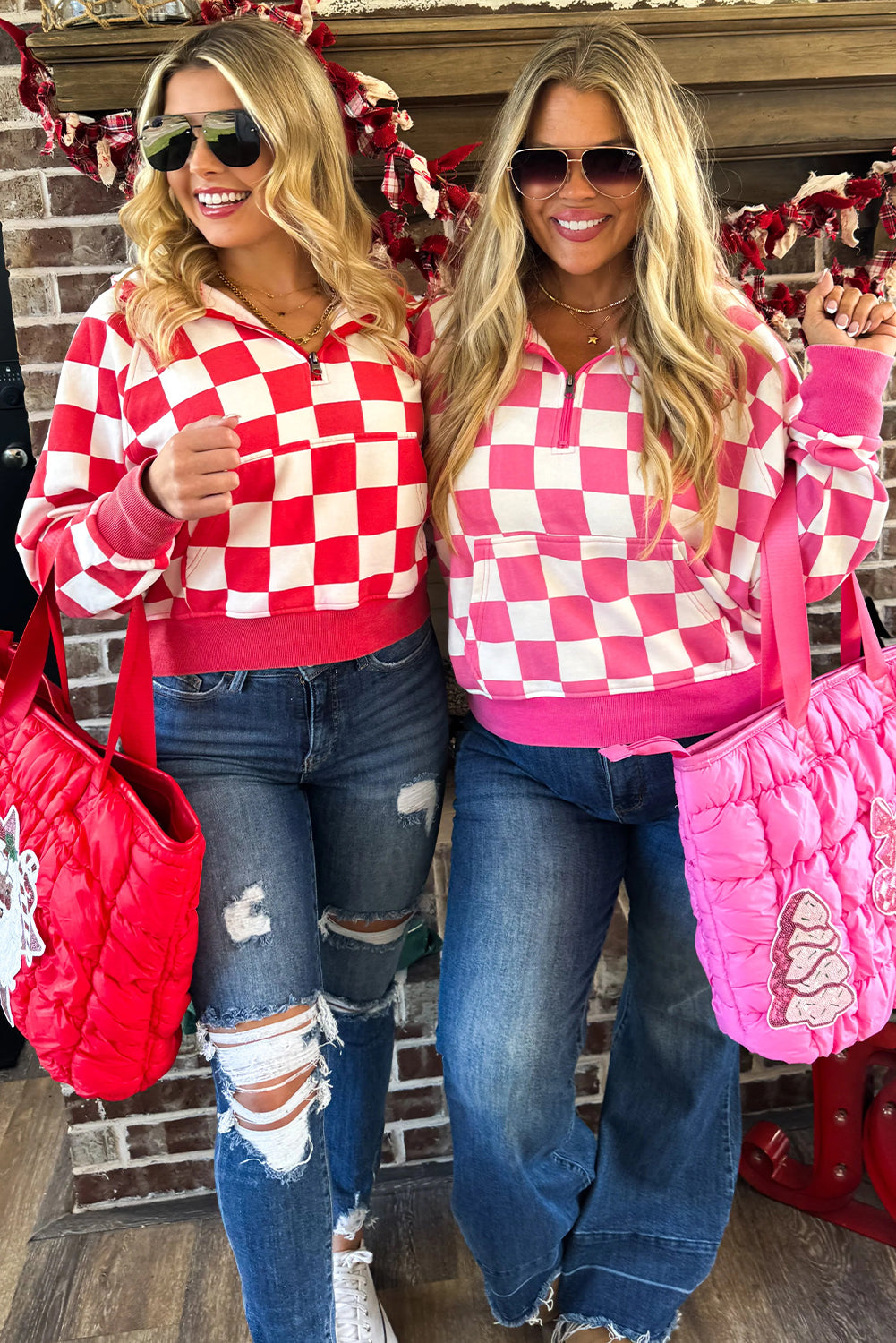 Red Checkered Print Half Zip Hoodie Loose Pant Set