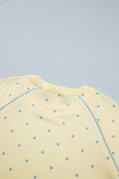 Yellow Polka Dot Print Piping Trim 3/4 Sleeve Relaxed Top