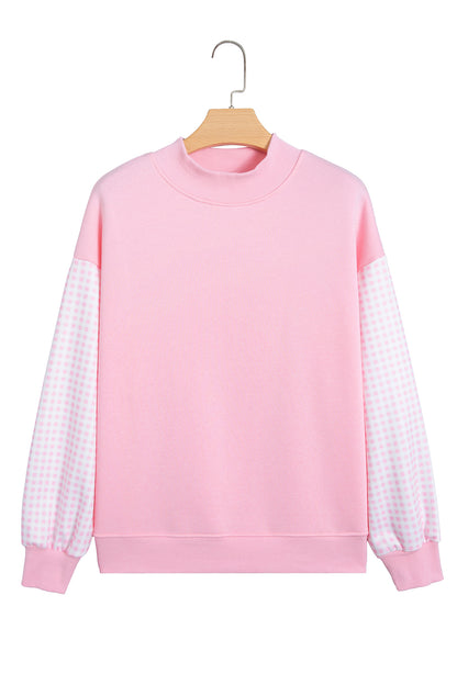 Pink Plaid Sleeve Colorblock Loose Tunic Sweatshirt