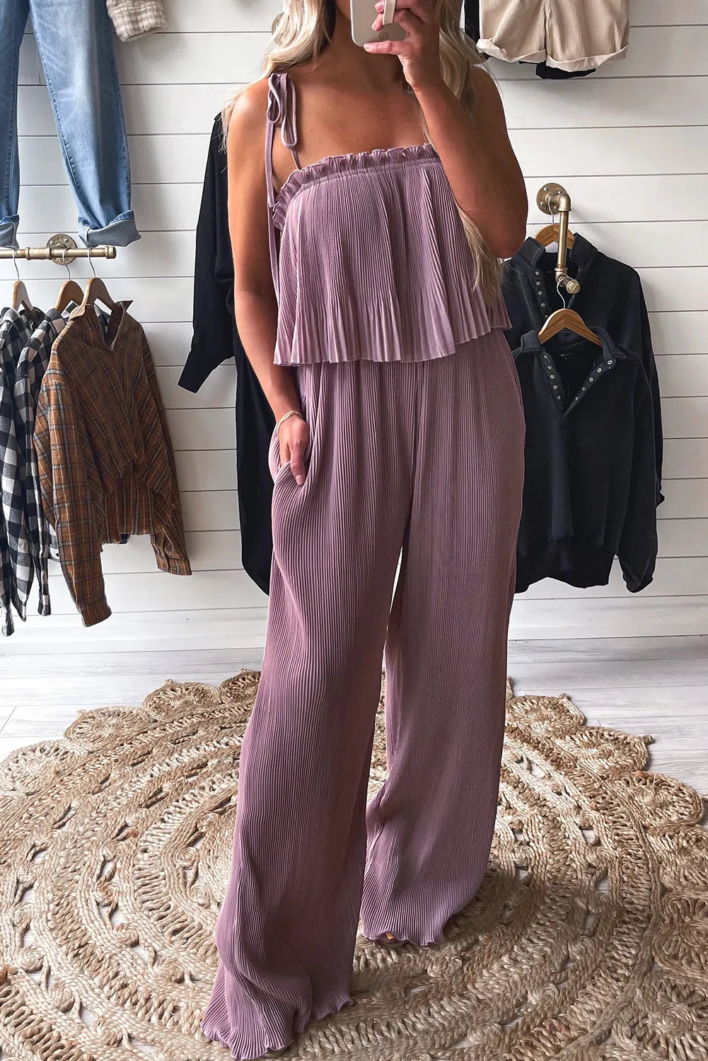 Rose Tan Solid Self Tied Straps Pleated Wide Leg Jumpsuit - Chic Meadow Boutique 