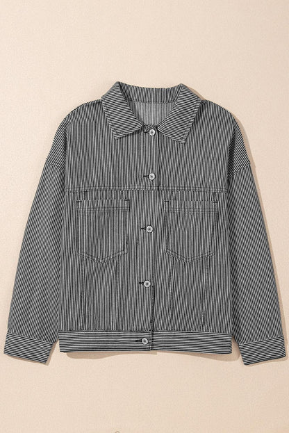 Outerwear/Denim jackets Blue Stripe Washed Oversize Pocketed Denim Jacket