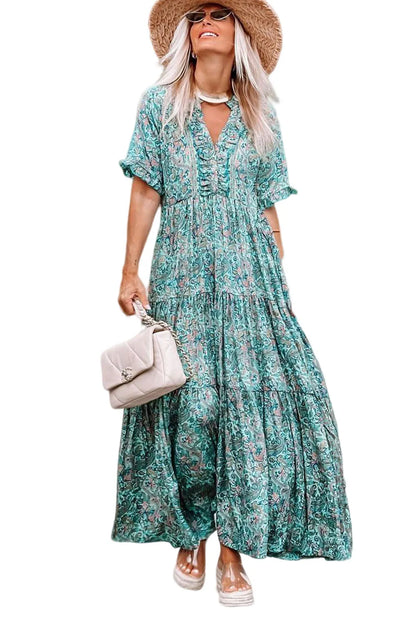 Sky Blue Paisley Print Boho Holiday Ruffle Tiered Maxi Dress - Chic Meadow Boutique 