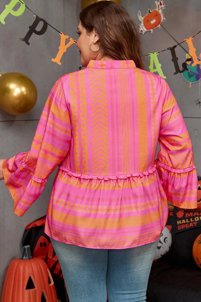 Vitality Orange Plus Size Geometric Embroidered Bell Sleeve Babydoll Blouse - Chic Meadow Boutique 