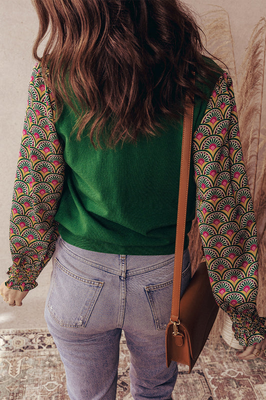 Blackish Green Floral Patchwork Shirred Cuff Puff Sleeve Sweater