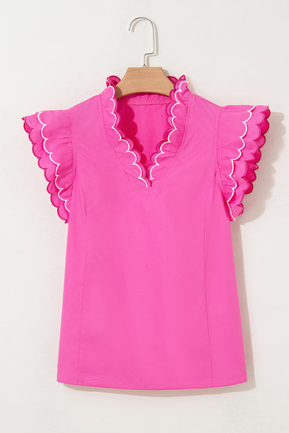 Bright Pink Contrast Scallop Trim Layered Short Sleeve V Neck Blouse