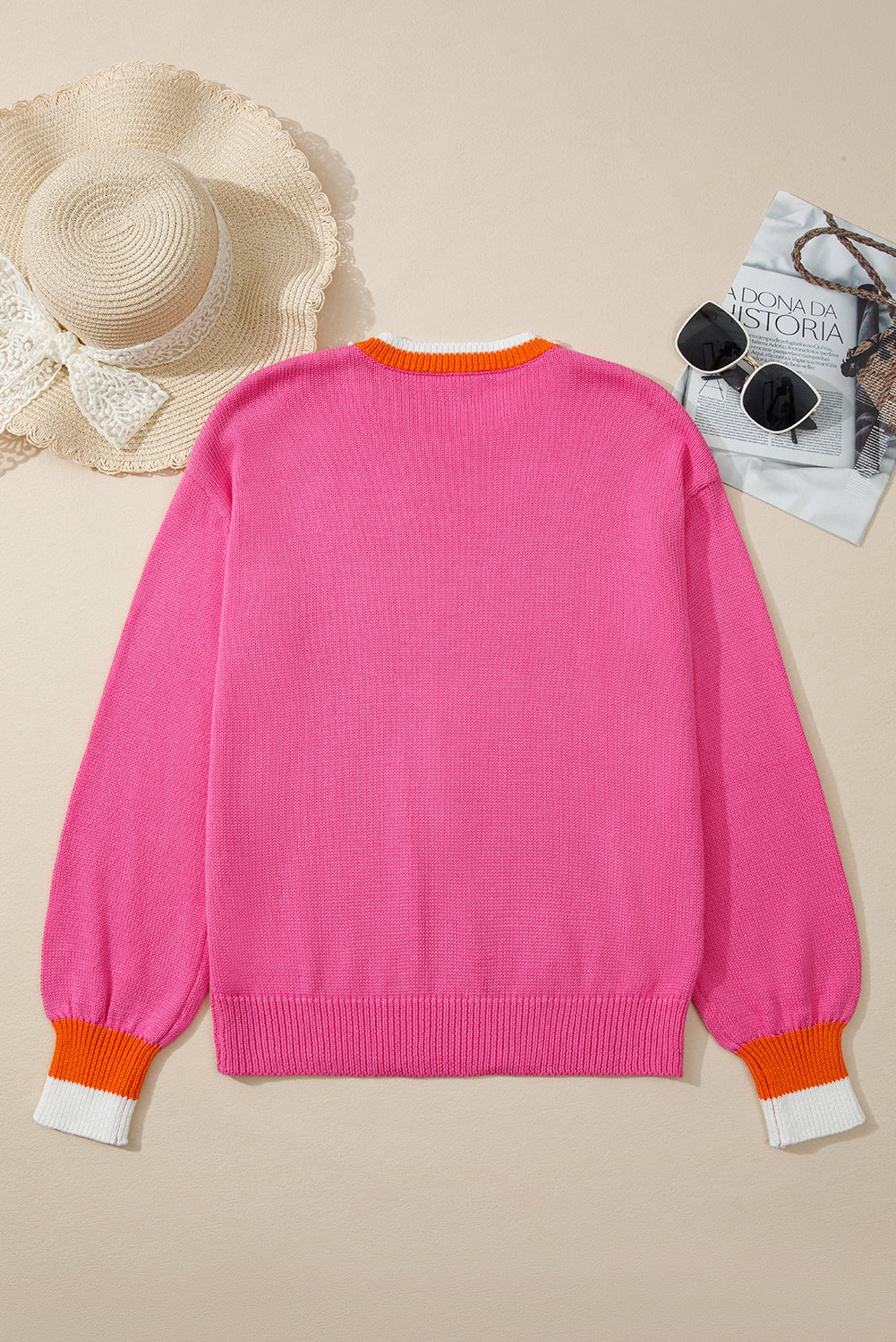 Sachet Pink Contrast Crew Neck Pearled Decor Drop Shoulder Knit Sweater