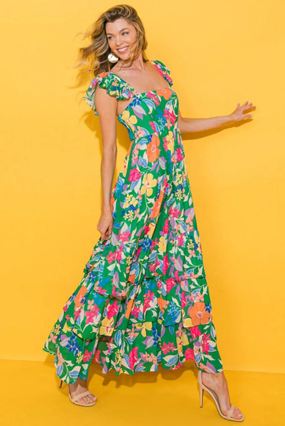 Green Floral Print Sleeveless Ruffle Tiered Maxi Dress - Chic Meadow Boutique 