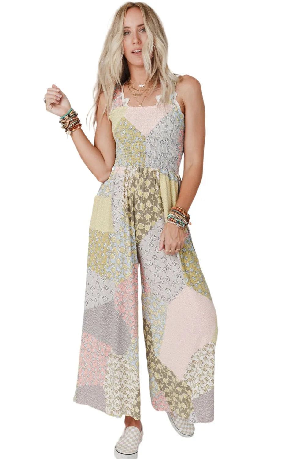 Multicolor Irregular Patchwork Print Smocked Wide Leg Jumpsuit - Chic Meadow Boutique 