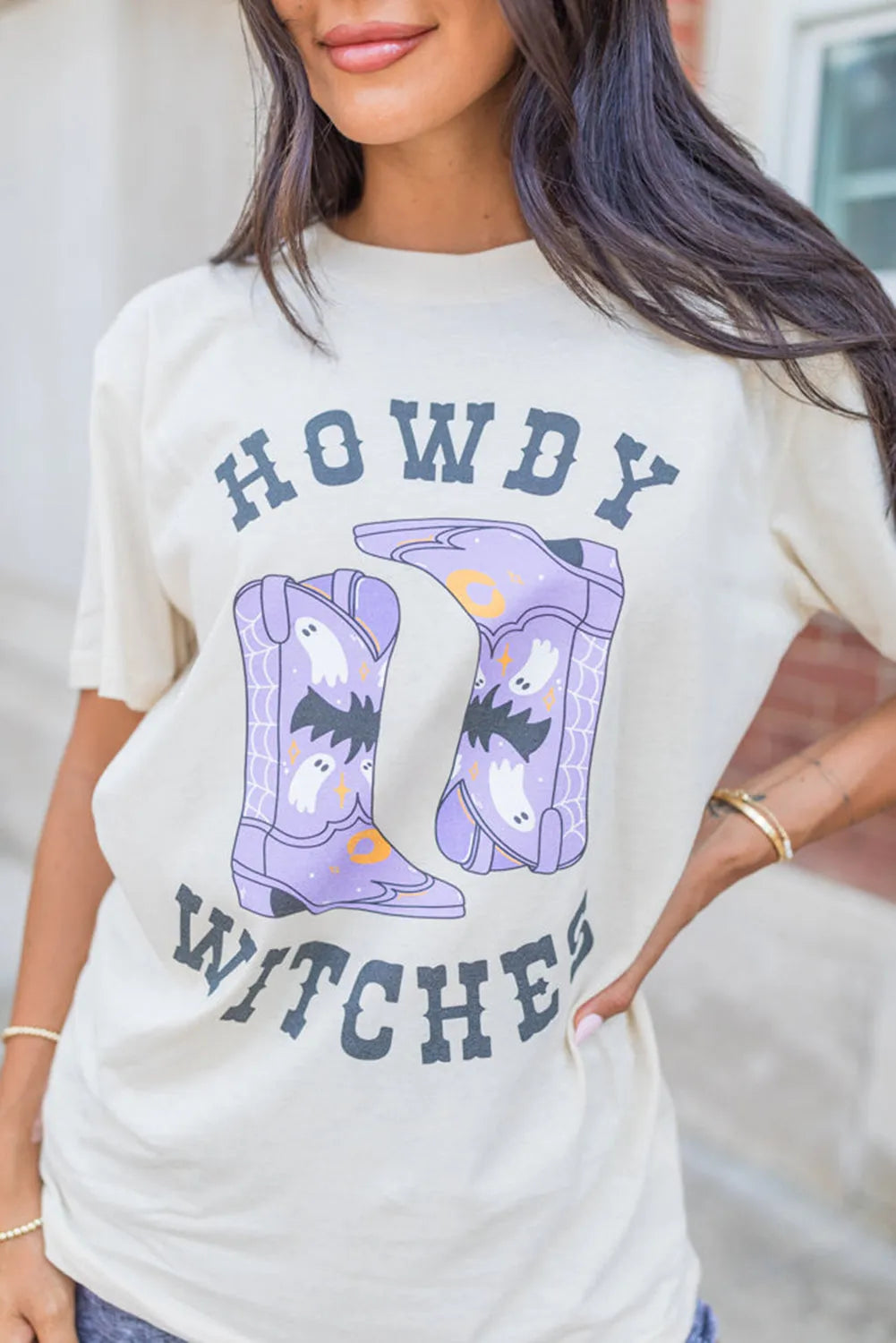 White HOWDY WITCHES Halloween Boots Crewneck T Shirt - Chic Meadow Boutique 