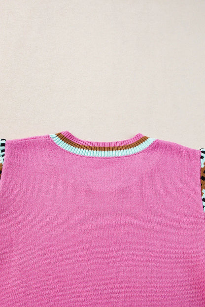 Bright Pink Contrast Printed Cap Sleeves Crewneck Sweater - Chic Meadow Boutique 