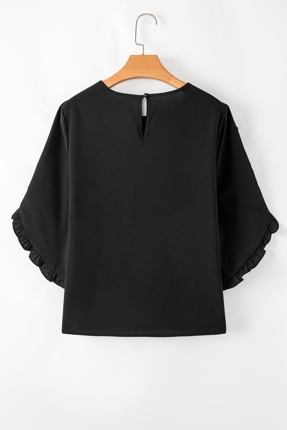 Black Ruffle Trimmed 3/4 Sleeve Round Neck Blouse