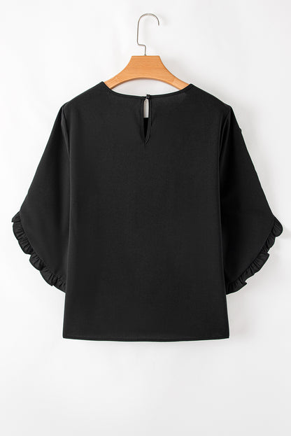 Black Ruffle Trimmed 3/4 Sleeve Round Neck Blouse