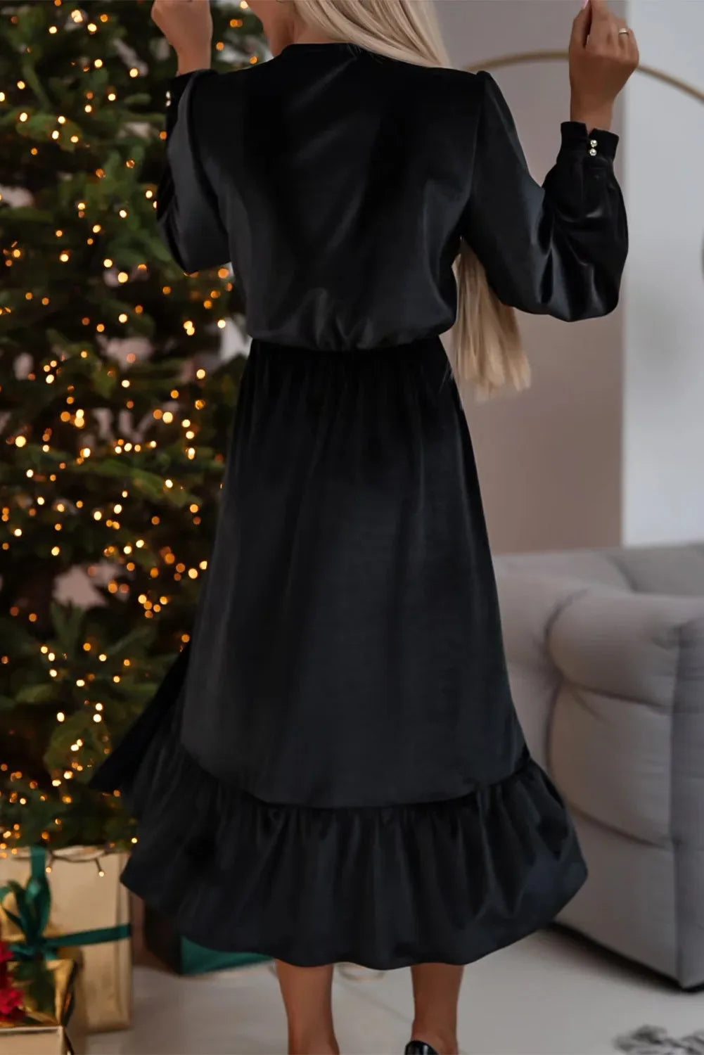 Black Velvet Buttoned Puff Sleeve V Neck Split Midi Dress - Chic Meadow Boutique 