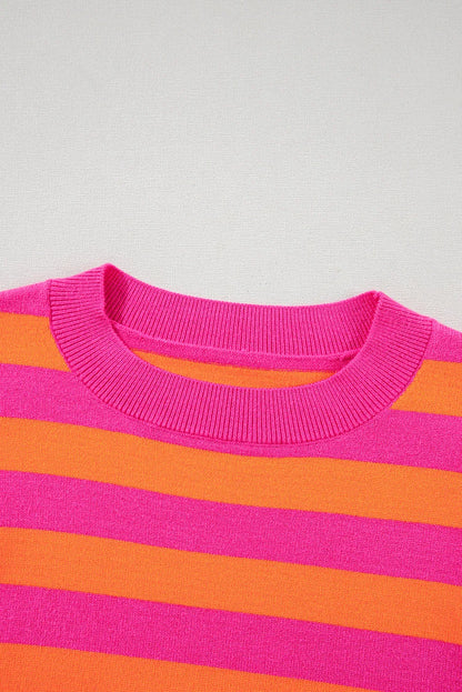 Rose Stripe Shoulder Pad Round Neck Sweater - Chic Meadow Boutique 